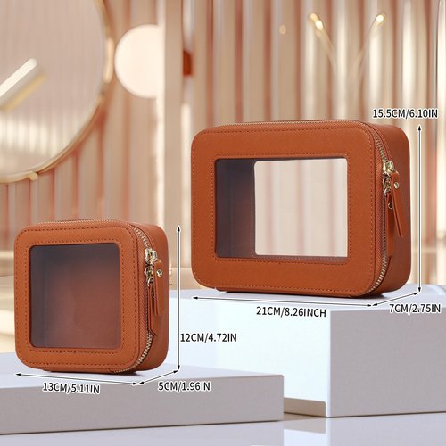 LOFOWN Clear Makeup Bag Set Travel Cosmetic Bag and Toiletry Bag Women's Purse Pouch Cosmetic Stroage Organizer Case with Zipper Car Essentials (Brown, M+Mini)