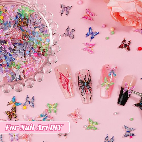 100Pcs Butterfly Nail Charms with 200Pcs Pearls, Colorful 3D Resin Nail Butterfly Charms, White & Macaron Rhinestones for Nail Art, DIY Crafts, Spring Summer Manicure Decoration for Women Girls