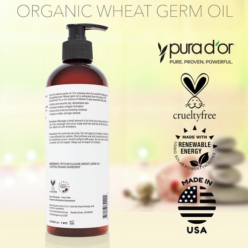 PURA D'OR ORGANIC Wheat Germ Oil (16 Oz x2 = 32 Oz) 100% Pure & Natural USDA Certified Cold Pressed Carrier Oil - Vitamin E Rich, Moisturizing & Nourishing Anti-Aging Properties - Healthy Hair Growth