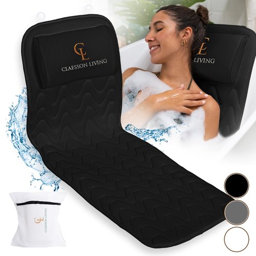 Full Body Bath Pillow (17'' x 49'') - Bathtub Cushion with Headrest Supports Neck, Back and Legs - Free Hanging Hooks for Fast Drying Over Tub - Includes Washing and Travel Bags - Black