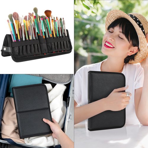 CAIRIAC Makeup Brush Organizer Bag Standing Makeup Brushes Holder Travel Case, Professional Portable Cosmetic Storage Bag Foldable Makeup Brush Wrap Case for Men Women Artist Gift (Black)