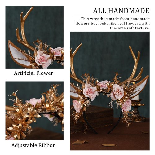 MOSTORY Handmade Gold Flower Antler Headband - Woodland Floral Reindeer Headpiece with Deer Ears Forest Fairy Hairband for Women Girls Renaissance Halloween Cosplay Party Prom Photo Props Pink Rose