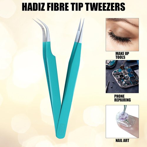 HADIZ Fiber Tip Eyelash Extension Tweezers Volume Lash Tweezer Staright & Curved Pack of Two (turquise)