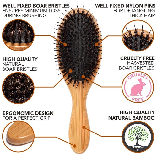 Belula Organic Hair Care Set - Boar Bristle Brush and Detangler for Shiny, Textured Hair