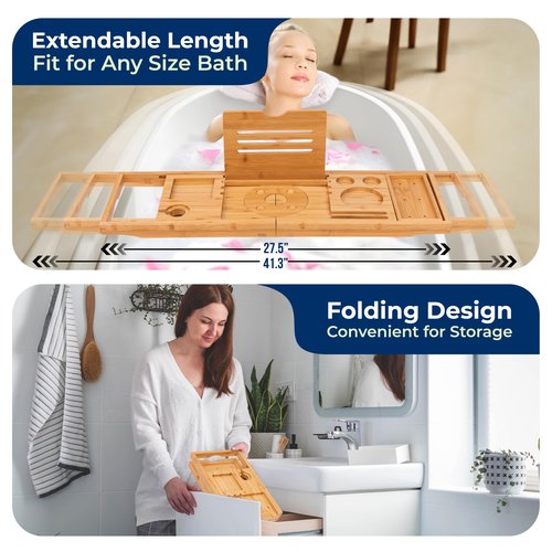 SereneLife Bathtub Tray - Expandable Bath Tray for Tub, Foldable Adjustable Bamboo Caddy with Non-Slip Handles, Device Holder and Wine Glass Slot for Bathing Luxury (Folding, Hard Back, Gift Set)