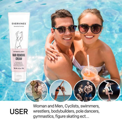 Evervines Hair Removal Cream for Women: Bikini Line Intimate Area Depilatory for Face Legs and Underarms - Gentle Formula for Home and Travel Use - Includes Scraper (4.2oz)