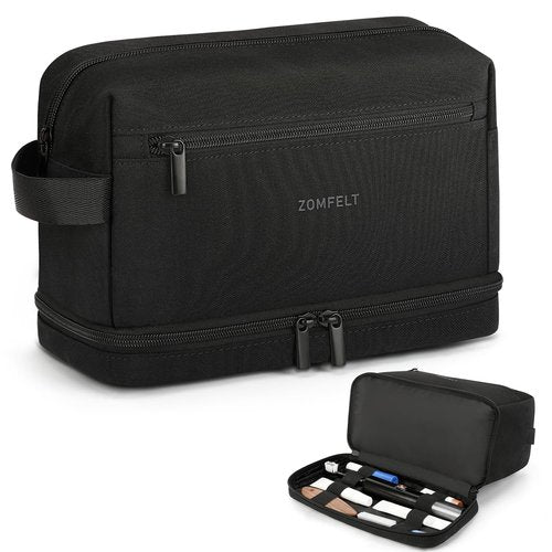 ZOMFELT Toiletry Bag for Men Women, Water Resistant Travel Dopp Kit with Dual Layers, Large Capacity Cosmetic Shower Organizer Bag for Gym Toiletries Accessories, Bathroom Essentials, Black