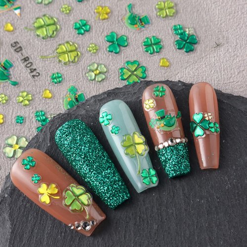 St. Patrick's Nail Stickers,5D Embossed Green Shamrock Nail Decals Self Adhesive Four-Leaf Clover Nail Design St. Patrick's Supplies Lucky of Irish Spring Manicure Decorations for Women 2PCS