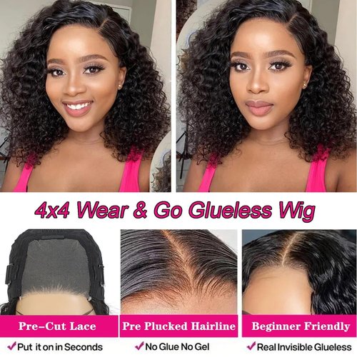 Potoki Short Bob Wig Human Hair 4x4 Glueless Wigs Human Hair Pre Plucked Pre Cut Deep Wave HD Lace Closure Human Hair Wigs For Black Women Curly Wig (12 Inch)
