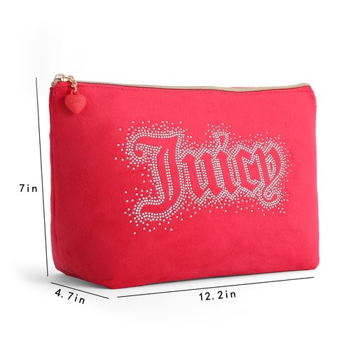 Juicy Couture Red Makeup Bag Cosmetics Organizer Travel Essentials Top Zip Pouch Rhinestone Velour