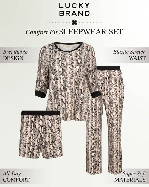 Lucky Brand Women's Pajama Set - 3 Piece Long Sleeve Night Shirt, Sleep Pants, Lounge Shorts (S-XL), Size Medium, Soft Snake