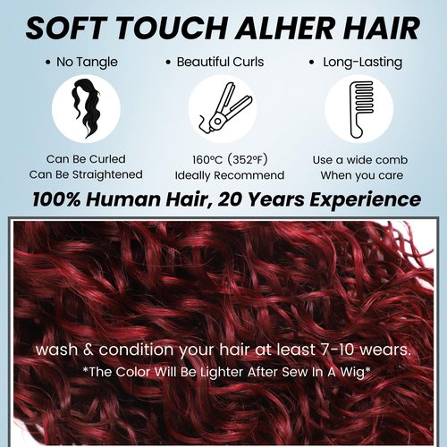 ALHER #99j Dark Burgundy Bundles Human Hair Water Wave, 12A Soft Thick Plum Cherry Wine Red Colored Wet n Wavy Single Bundle Salon-Grade 100% Unprocessed Virgin Hair Extensions Sew In Weft 12 Inch