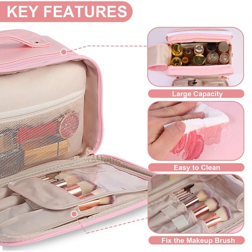 UPIUU Mothers Day Gifts, Toiletry Bag, Gifts for Women Mom, Large Cosmetic Bag, Travel Essentials,Toiletries Organizer Case for Grooming, Excellence PU Leather, Vertical Brush Holder, Pink