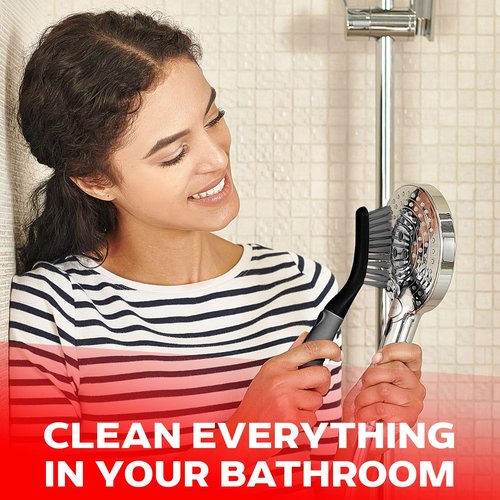 Scrub Brush Set of 6 pcs - Cleaning Shower Scrubbers with Squeegee for Shower Glass and Adhesive Wall Hooks Including Grout Cleaner Brush, Scrub Brushes for Cleaning Bathroom, Shower, Tile, Bathtub