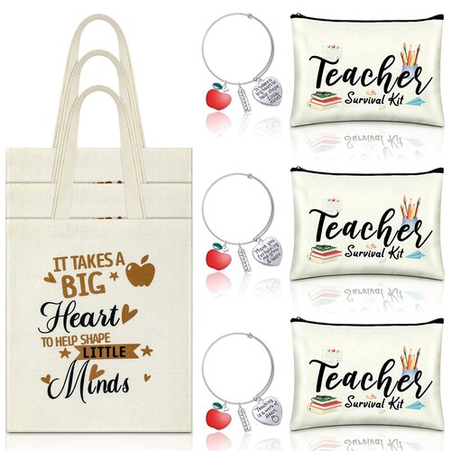 Sadnyy 9 Pcs Teacher Appreciation Gifts Sets Teacher Makeup Pouch Cosmetic Bag Teacher Tote Bag Bulk Canvas Teacher Bangle Bracelet Teacher's Day Birthday Graduation Back to School Gift for Teacher