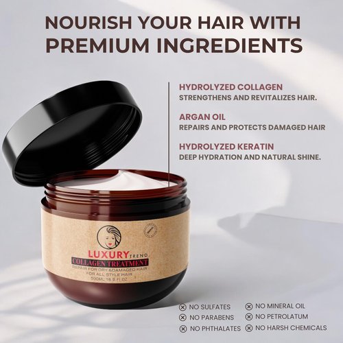 LUXURY TREND Collagen Hair Mask for Damaged Hair - Hydrating and Repairing Formula, Promotes Growth and Thickness - Ideal for Curly and Dry Hair, 16.9 oz
