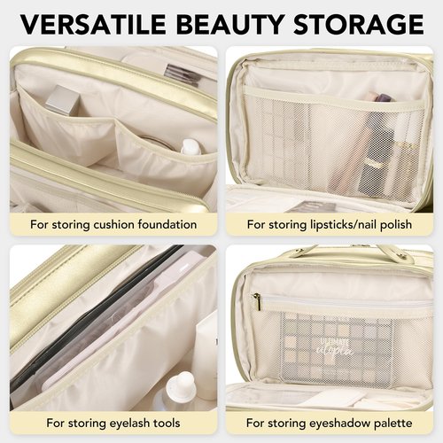 Travel Makeup Bag Women's Large Capacity Cosmetic Portable Organizer Large Opening Waterproof Storage Toiletry Bags Vertical Free-Standing Brush Holder for Easy Access Gold