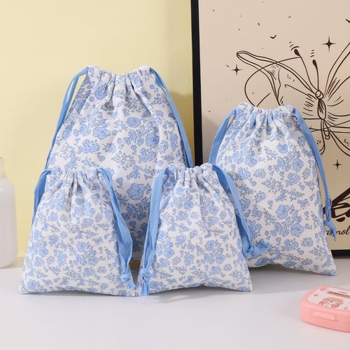 LYDZTION 4pcs Floral Drawstring Makeup Bags Pouches For Purse, Small Canvas Cloth Gift Bags Pouch For Cosmetics Jewerlry Home Travel Storage,Blue