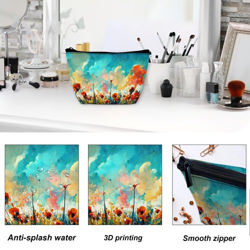 DEMACYA Colorful Red Poppy Flowers Makeup Bag for Purse, Waterproof Funny Watercolor Cosmetic Bag for Women, Zipper Travel Toiletry Pouch Gift 9.5×5.9 Inch