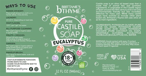 Brittanie's Pure Castile Liquid Soap Eucalyptus – 2 Pack (32oz Each) | Natural, Organic, Multi-Purpose Soap for Body, Face, Home & Pets | Vegan, Sulfate-Free, Made in USA
