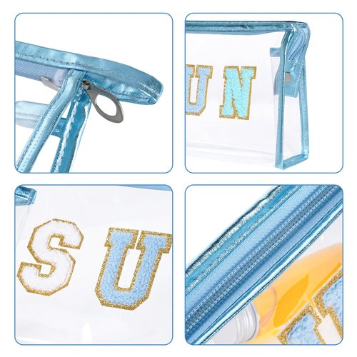 Hmxpls Clear Preppy Patch Makeup Bag, Sun Chenille Letter Bag for Beach, Pouch With Zipper, Travel Cosmetic Toiletry Bag for Women Girls Teens (Blue)