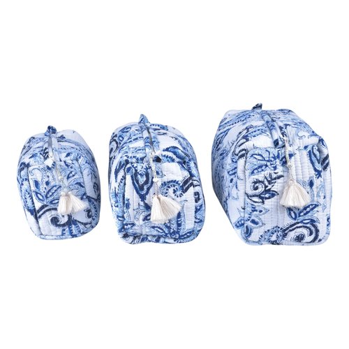 Vivanta Quilted Makeup Bag Set – Indigo Block Print Toiletry Bag for Women, Travel Makeup Organizer, Cosmetic Bags Set of 3 Floral Cotton Pouches, Travel Size Toiletries Kit, Zippered Toiletry Pouch