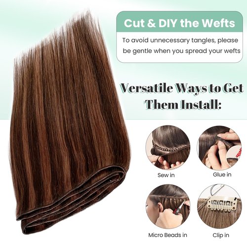 Weft Hair Extensions Medium Brown with Auburn Human Hair Sew in Extensions 14 Inch 80G Thick Ends Double Weft Brown Balayage Hair Extensions Real Human Hair Sew in Hand Tied Real Hair Wefts