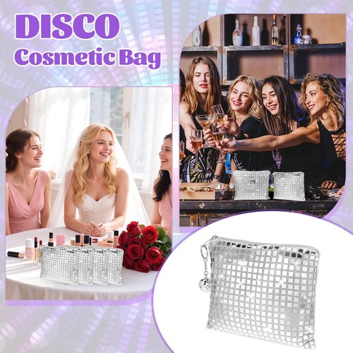 16 Pack Disco Makeup Bags with Zipper Disco Party Favors Silver Glitter Sequin Mirror Cosmetic Bags for Bachelorette Bridal Shower Wedding 70s 80s 90s Disco Ball Party Favors