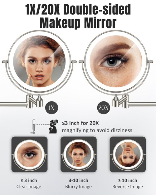 Wall Mounted Makeup Mirror with Light, 20X/1X 8'' Double Sided LED Magnifying Bathroom Lighted Vanity Mirror with Magnification, 3 Color Light up Touch Dimmable Extended Arm 360 Rotation