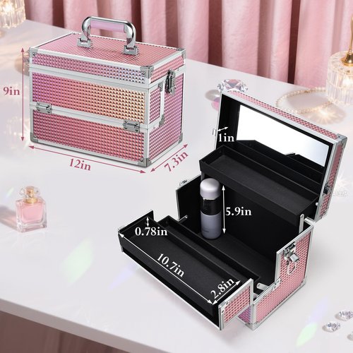 Joligrace Large Makeup Box Organizer, 12 Inch Makeup Train Case with Mirror, Cosmetic Travel Case with 3 Trays, Lockable Train Case for Makeup Artists & Nail Tech Supplies Pink