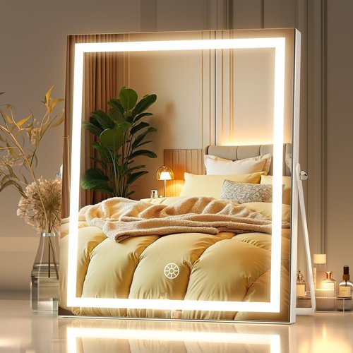 MINISO Vanity Mirror with Lights, 9.8" x 11.8" LED Makeup Mirror, Light & Brightness Adjustment, Smart Sensor, Aluminum Alloy Metal White Frame, with 5X Magnifying Glass