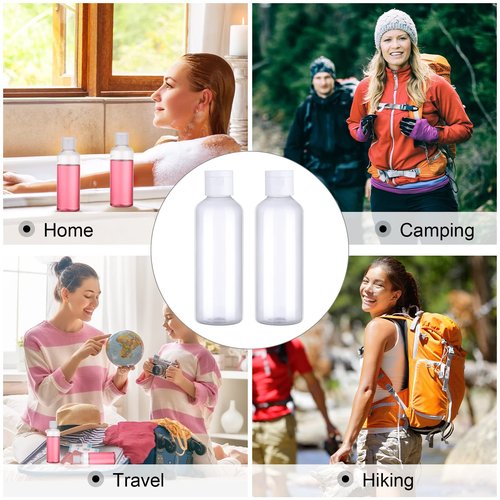 Gandeer 50 Piece 3.4 oz Travel Bottles Set Clear Plastic Refillable Squeeze Bottles with Flip Cap Dispensers and 2 Funnels for Travel-size Liquid Cosmetics(Clear, White)