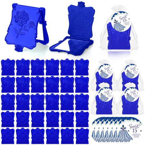Wenqik 25 Set Quinceanera Party Favors for Guests Include Rose Compact Mirror Quinceanera Card and Organza Bag Mis Xv Años Sweet 15th Birthday Party Favors (Blue)