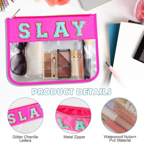 Dealkion Slay Makeup Bag Slay Purse Slay Stuff Toiletry Zipper Pouch Chenille Letter Clear Zipper Pouch Slay Skincare Travel Pouch for Women Girl Gifts