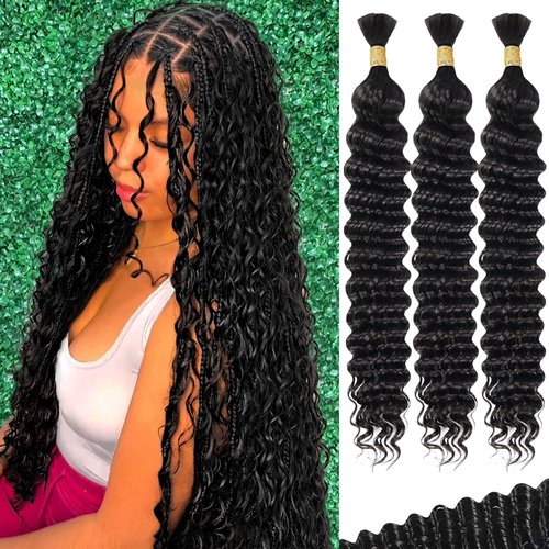 AKONSOUL Human Braiding Hair Deep Wave Bulk Human Hair Braiding 3 Bundles/Pack 110g 16 Inch No Weft Brazilian Virgin Curly Human Hair Extensions for Boho Braids Wet and Wavy Human Braiding Hair