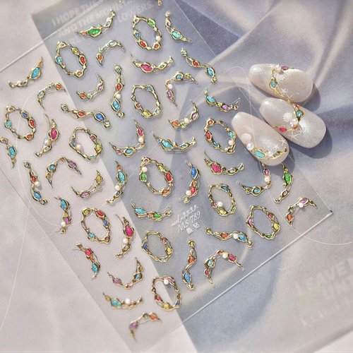 1 Sheets Embossed Gold Nail Stickers for Nail Art 5D Gem Nail Art Stickers Pearl Crystal Diamond Design Decals Self-Adhesive Gems Nail Decoration Summer Nail Decals for Women Nails Supplies