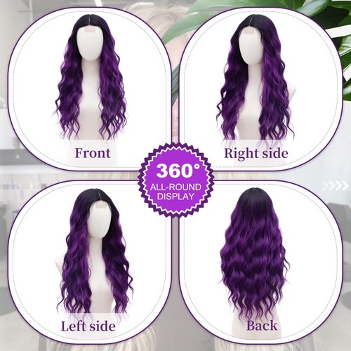 BUPPLER Cosplay Long Black to Purple Wig 28 Inch Middle Part Synthetic Wig Realistic Gifts Party Wigs for Women Daily Use Colorful Wigs (Black to Purple)