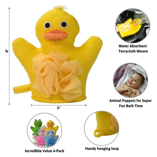 Made Easy Kit Hand Puppet Bath Wash Mitt Towel with Animal Designs with Loofahs for Fun Interactive Bathing Time (Green Yellow Pink Blue)