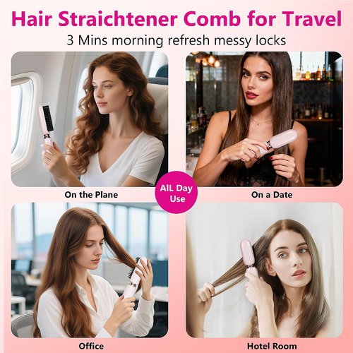 VAGARY Cordless Hair Straightener Brush,Portable Straightening Brush for Travel, 30s Fast Heat,3 Temp Settings,300 Million Negative Ions,USB Rechargeable,Anti-Scald Design Suitable for Thick,Thin Hair