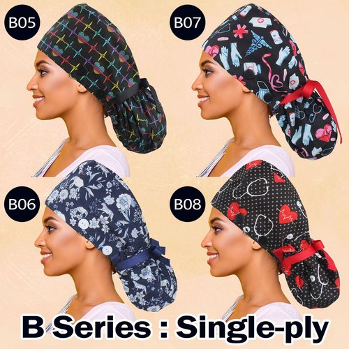 Purefitinsoles Scrub Caps for Women Surgical Nurse Hat with Button Bouffant Ponytail Holder Hair Nets Single or Satin-Lined