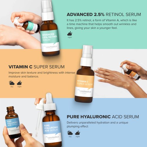Cosmedica Skincare Facial Serum Trio Set Value for Clear Skin - Vitamin C Super Serum, 2.5% Retinol Serum, Pure Hyaluronic Acid Serum – Vegan, Cruelty-Free Skincare 3 pack