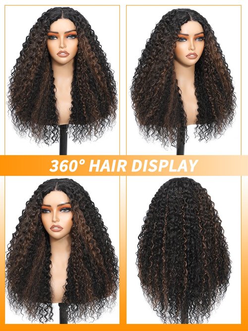 TENACOO Ombre Brown Glueless Curly Wig Brown Highlight Synthetic Lace Front Wig 24 Inch Deep Wave 4x1 Lace Closure Dark Brown Long Curly Wigs for Black White Women (Ombre Brown-24 Inches)