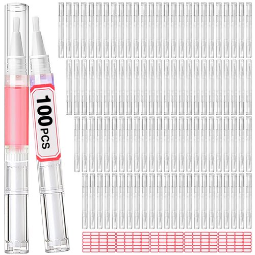 DupakSYS Nail Oil Pen 100Pcs 3ml Empty Cuticle Oil Pen Travel Transparent Twist Pens with Brush Tip for Nail Oil, Eyelash Growth Liquid Tube, Cosmetic Lip Gloss Container Applicators + 120pcs Label