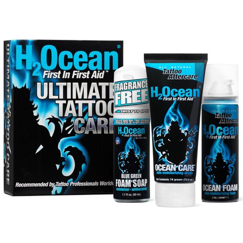 H2Ocean Ultimate Tattoo Aftercare Kit – Complete 3 Step Water-Based Skincare Regimen for Faster Tattoo Healing – Blue Green Foam Soap (1.7 oz), Ocean Care Cream (2.5 oz) & Ocean Foam Moisturizer(2 oz)