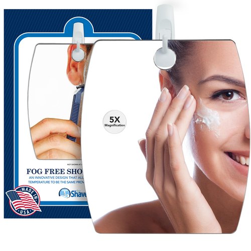 Shave Well Magnifying Anti-Fog Hanging Shower Mirror for Shaving | Curved Design for 5X Magnification | Light and Virtually Unbreakable | Includes Long-Lasting Removable Adhesive Hook