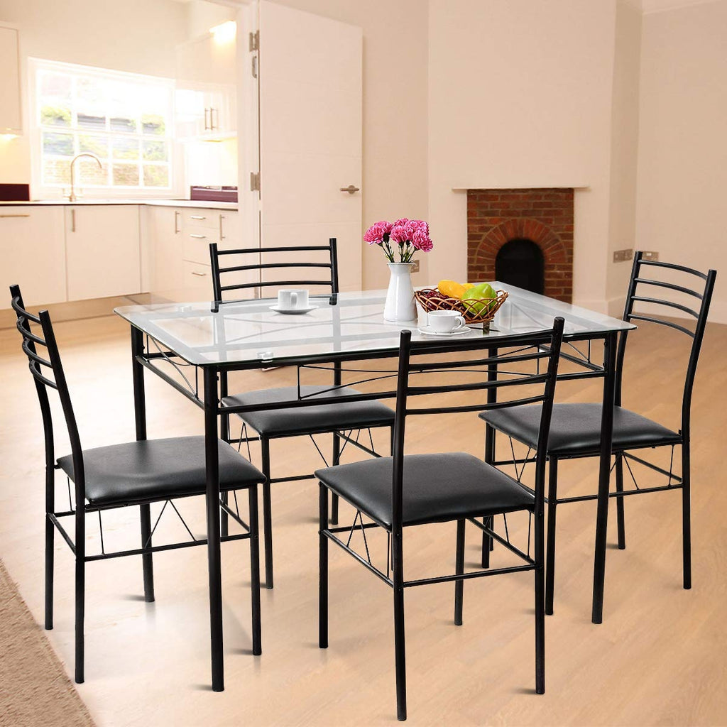 5-Piece Dining Set with Tempered Glass Top Table and 4 Upholstered Chairs