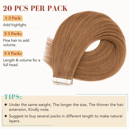 Hairro Tape In Human Hair Extension Remy Tape Ins Glue In Hairpieces Skin Weft Tape On Hair Extensions Long Straight Strong Double Sided Tape Hairpieces For Women 16 inch 50g 20pcs #06 Light Brown