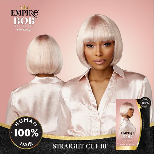Sensationnel Empire Bob Humanhair Wig - Straight Cut Face Framing Mesh Cap for Comfort With Bangs (10 inch, BLEACHEDBLONDE)