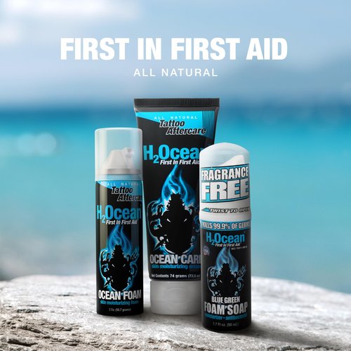 H2Ocean Ultimate Tattoo Aftercare Kit – Complete 3 Step Water-Based Skincare Regimen for Faster Tattoo Healing – Blue Green Foam Soap (1.7 oz), Ocean Care Cream (2.5 oz) & Ocean Foam Moisturizer(2 oz)