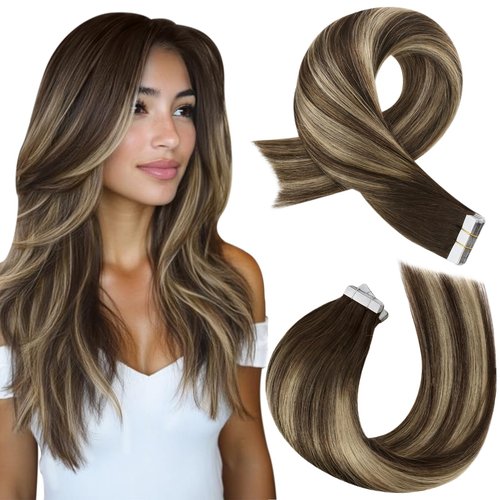 Moresoo Tape in Hair Extensions Human Hair Ombre Brown to Caramel Blonde with Brown Balayage Tape in Seamless Hair Extensions Real Human Hair Tape in Extensions 18 Inch #4/27/4 20pcs 50g
